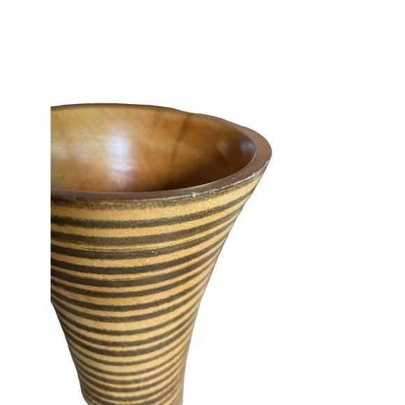 Stained Wood Mango Tree Vase Horizontal Striped Concave Shaped 10” - Picture 5 of 7